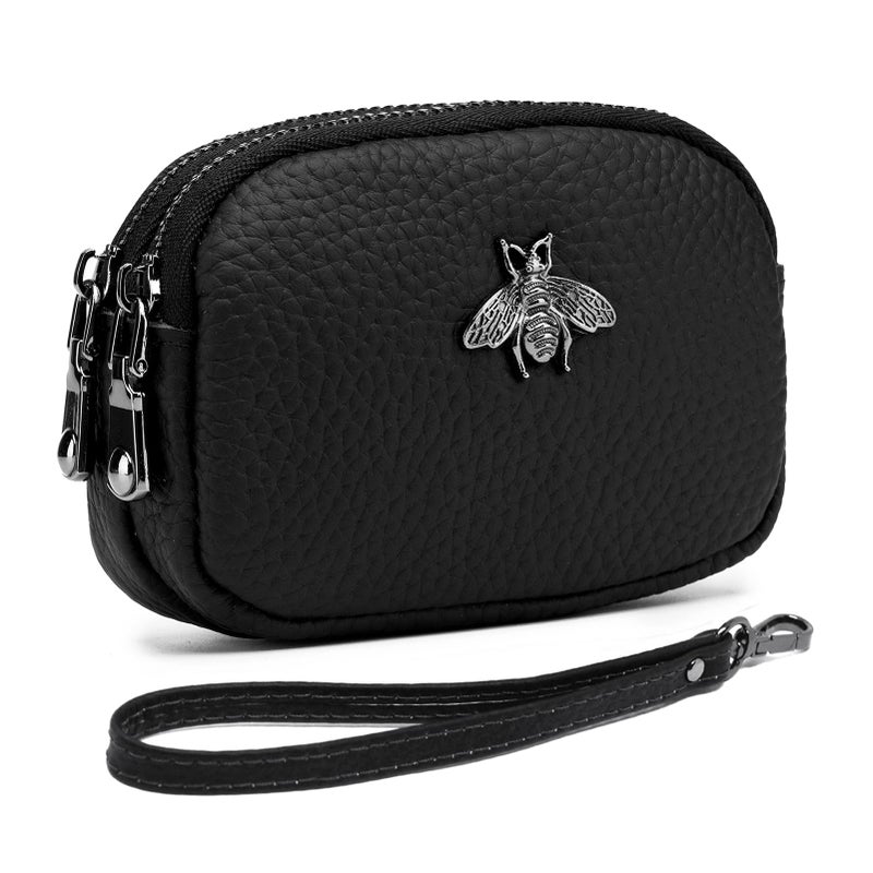 imeetu Women Leather Coin Purse, Small 2 Zippered Change Pouch Wallet(Black, Wrist Strap) - Image 1